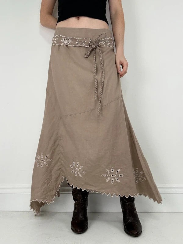 Beige linen boho western asymmetrical flared maxi skirt