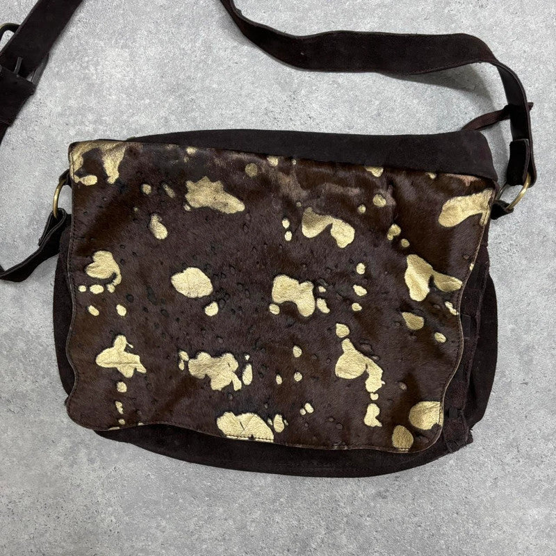 cow hide abstract gold messenger bag