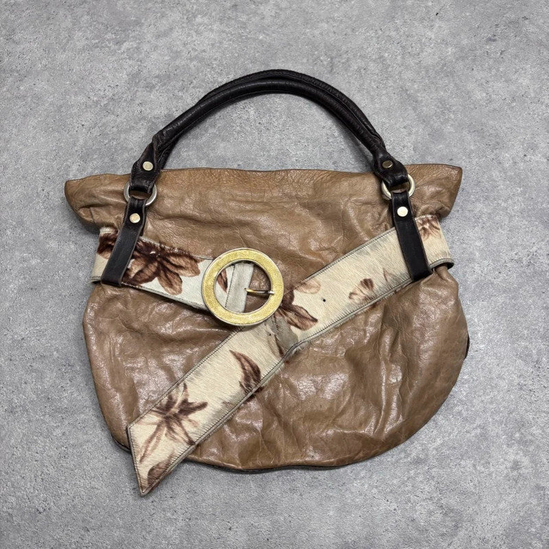 tan leather buckle cowhide shoulder bag