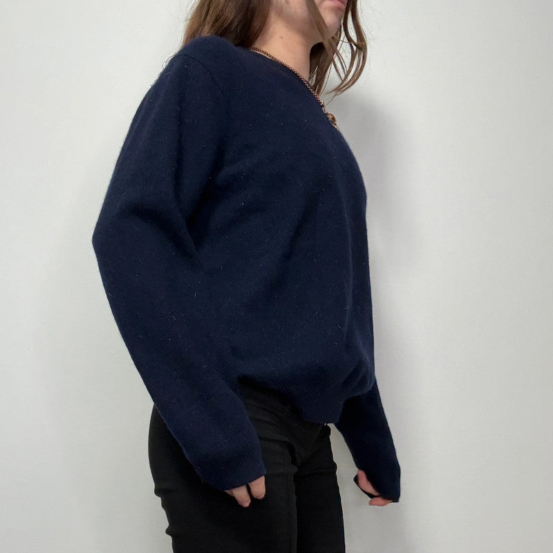 Navy blue cashmere knit crewneck jumper