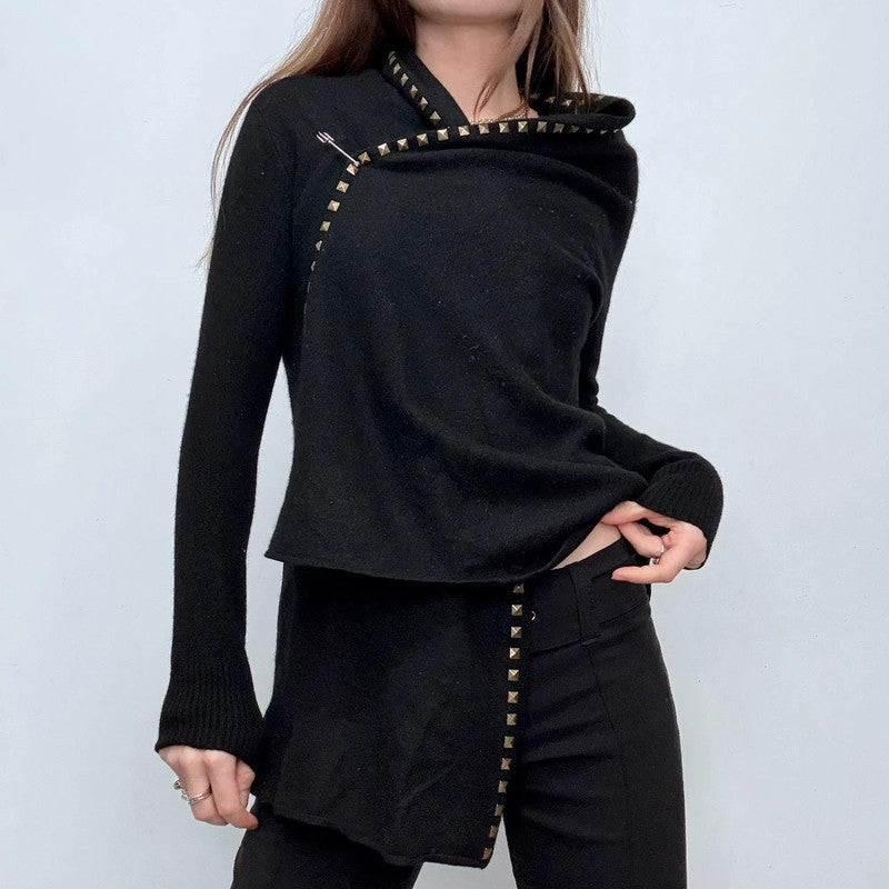studded asymmetric black drape cardigan