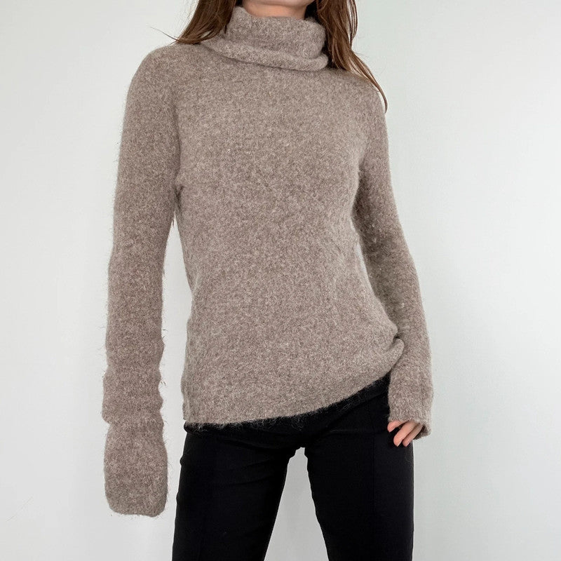 brown taupe fluffy knit mock neck