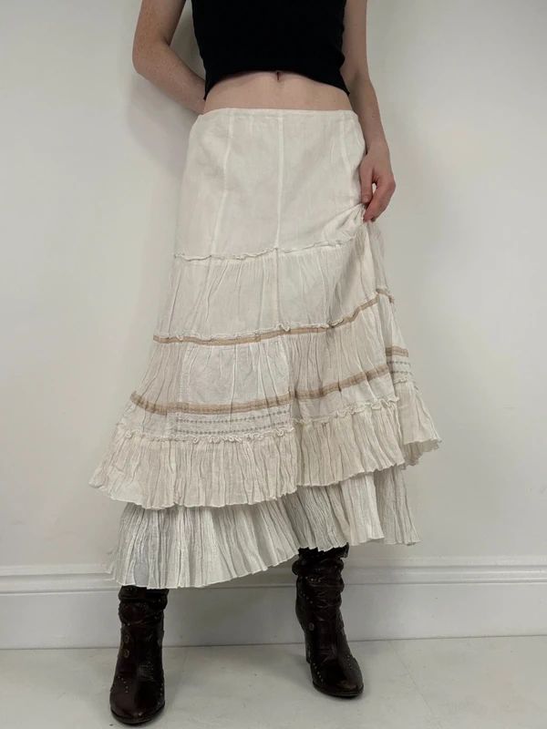 white pleated flared boho fairy maxi skirt