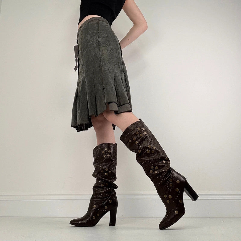 khaki pleated flared utility skirt