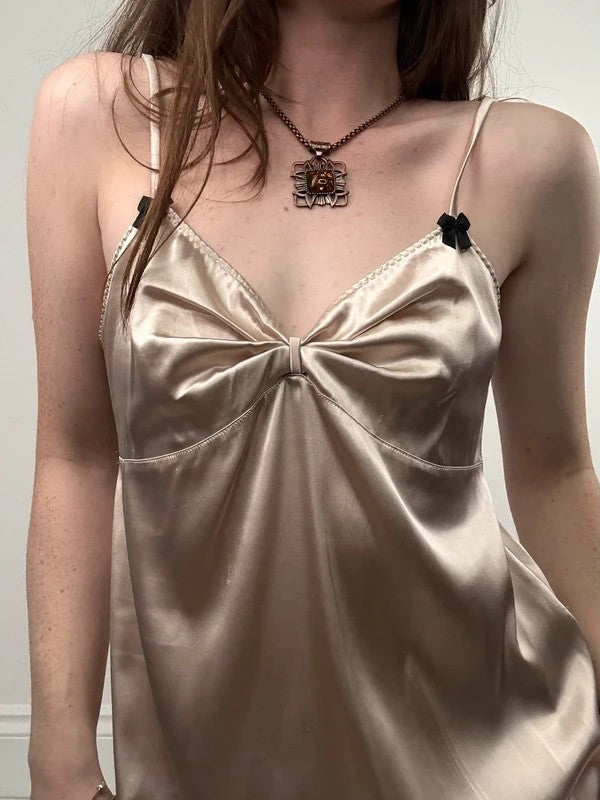 Satin dusty pink mini bow slip dress