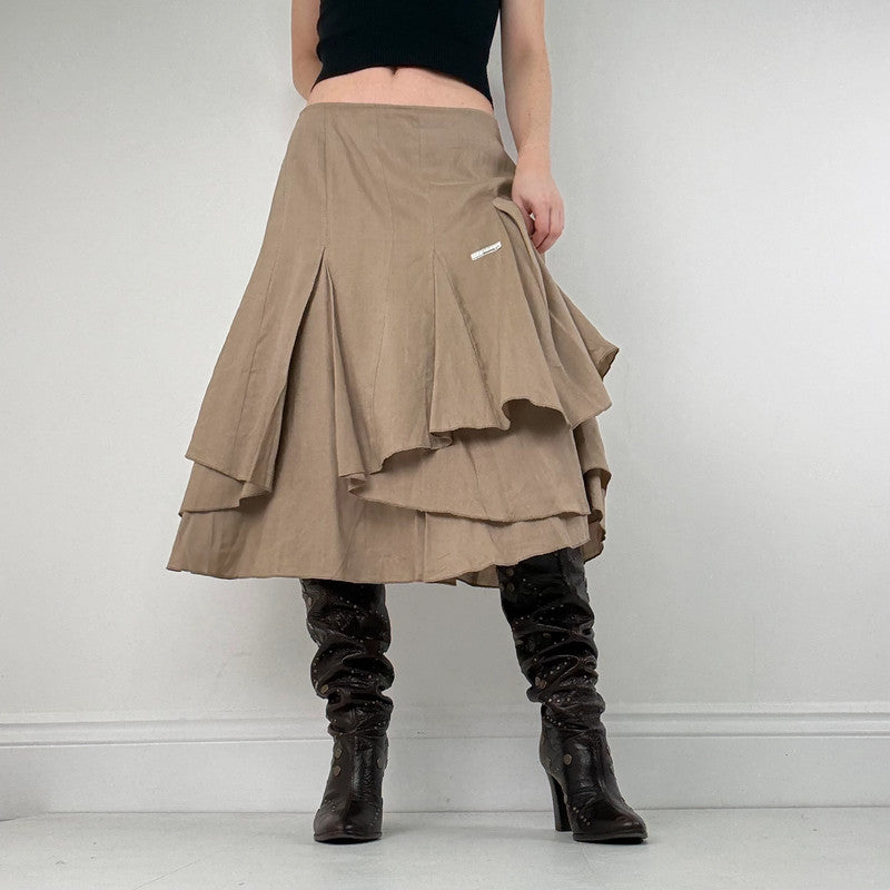 tan linen pleated asymmetric midi skirt