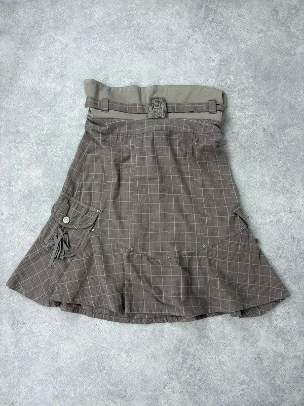 brown tartan low rise flared midi skirt