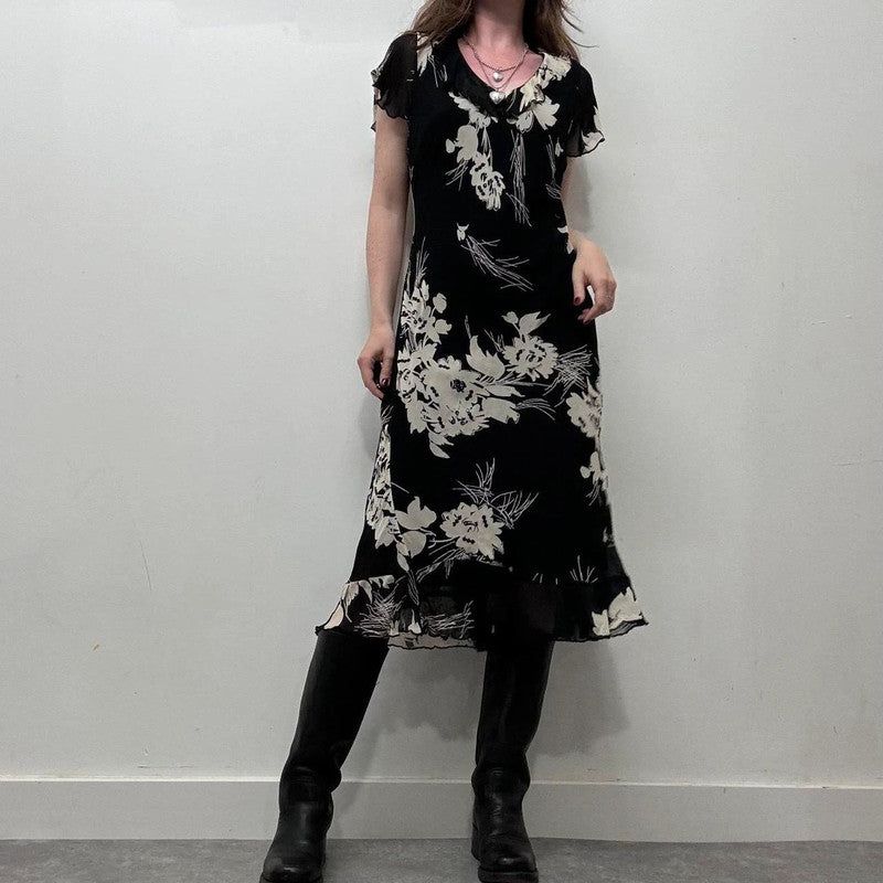 black floral bias cut 90s dress