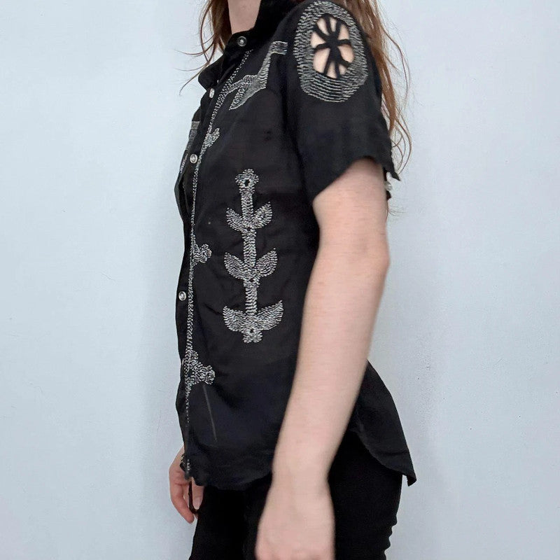 black embroidered stitched button shirt
