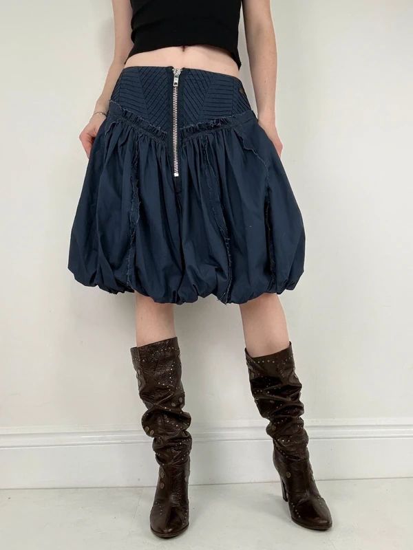 Puff parachute navy pleated midi flare skirt with zipper