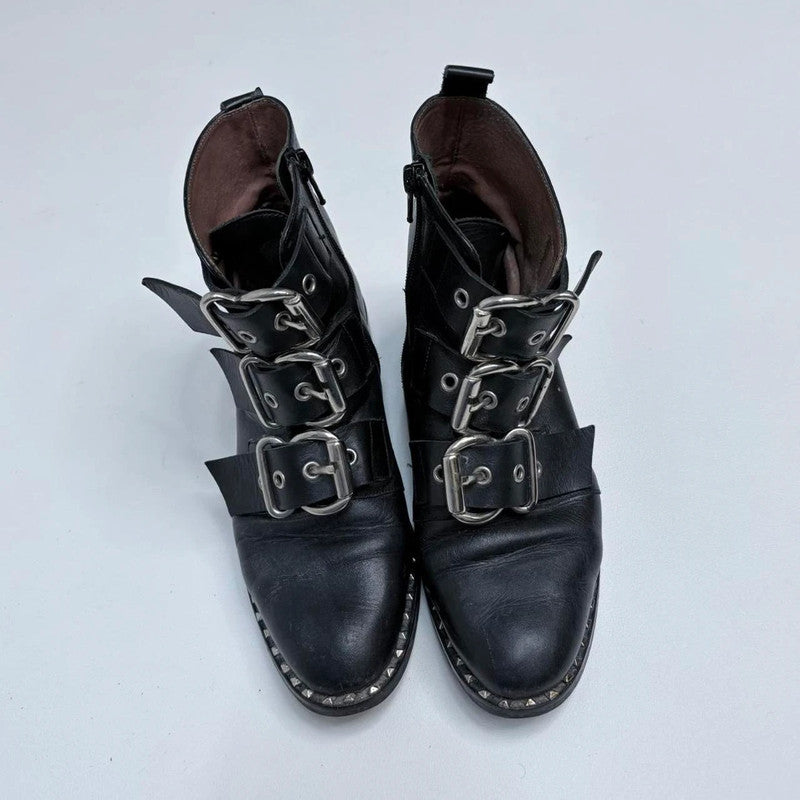 black leather studded buckle boots