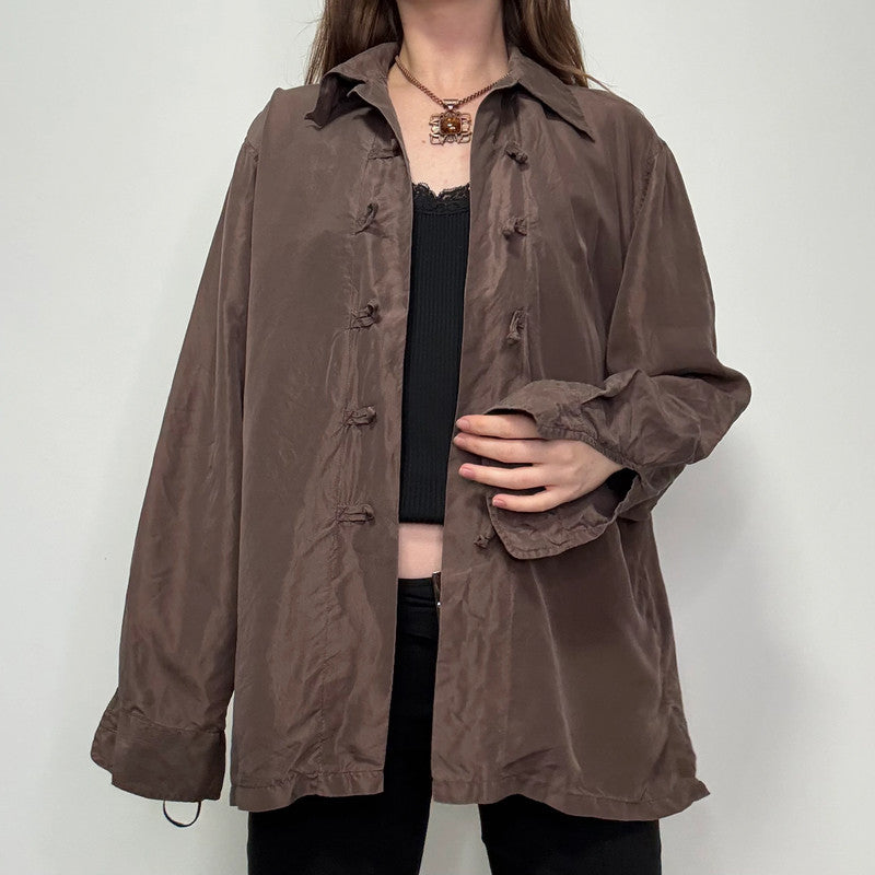 brown silk toggle shirt