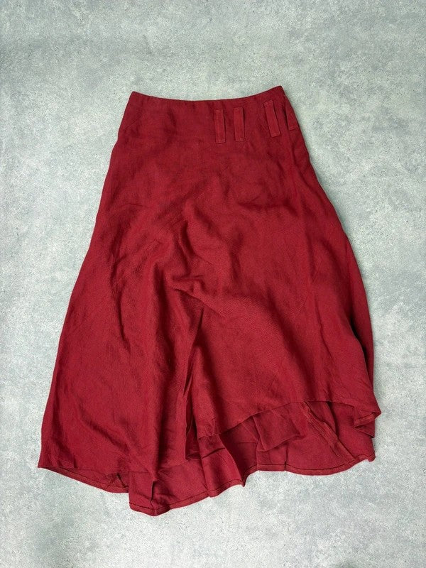red linen bias cut asymmetric maxi skirt