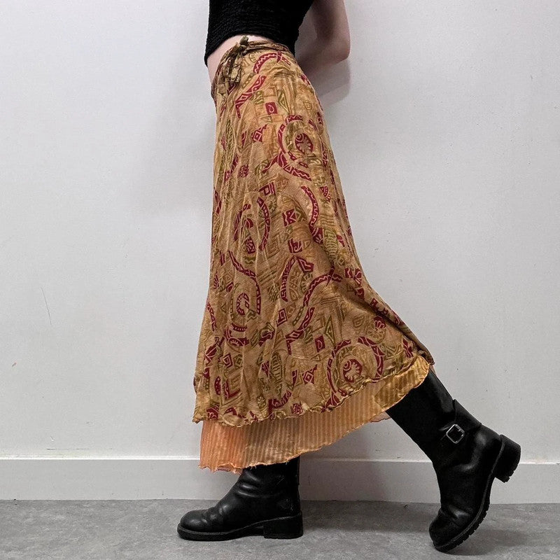 layered paisley boho silk skirt