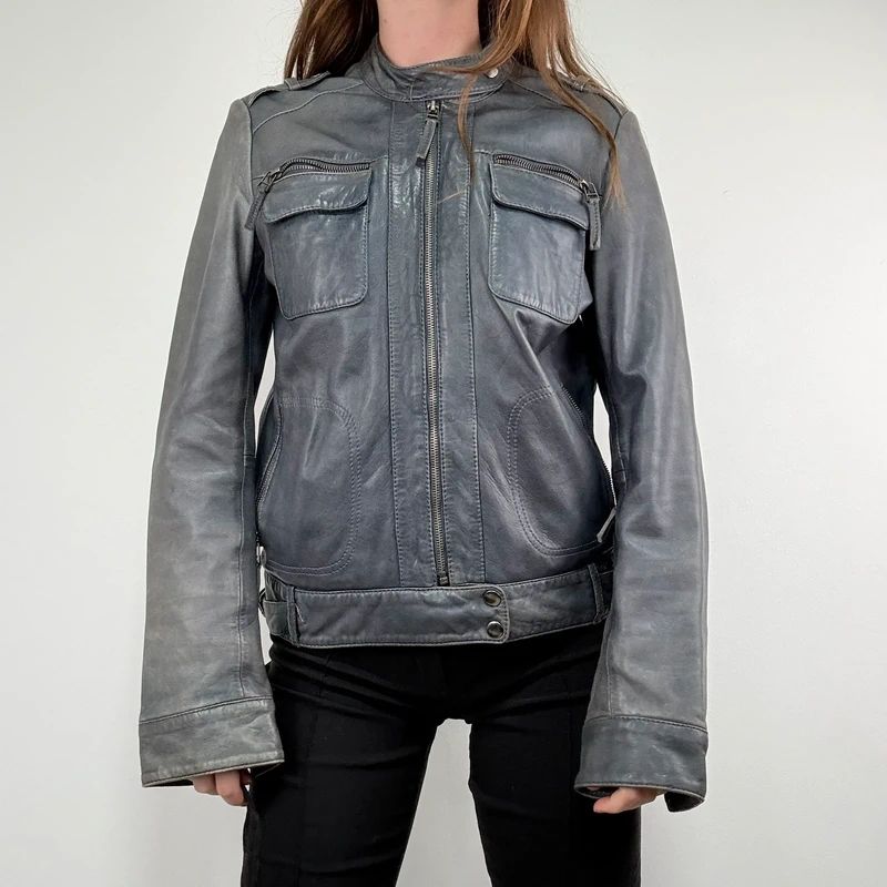 distressed leather boxy biker jacket