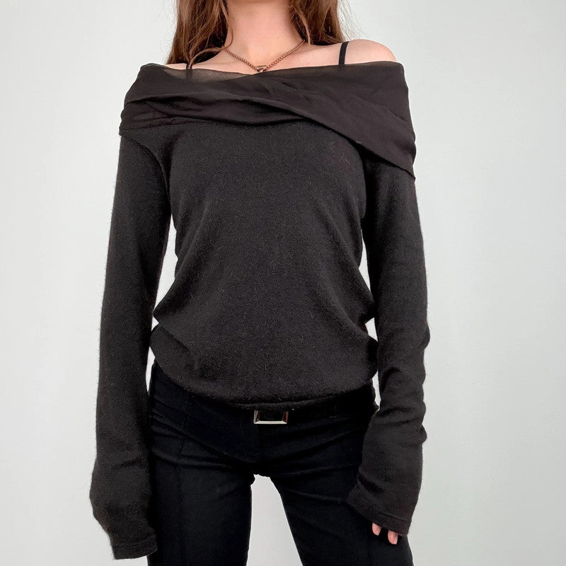 brown angora knitted off the shoulder jumper