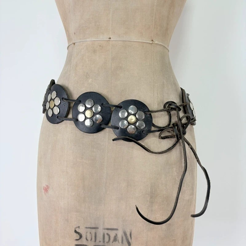 Black leather studded circle belt