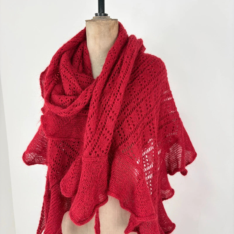 red mohair pointelle wool scarf