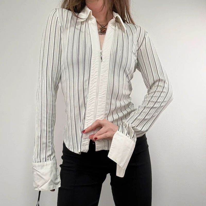 zip through pinstripe fitted white shirt