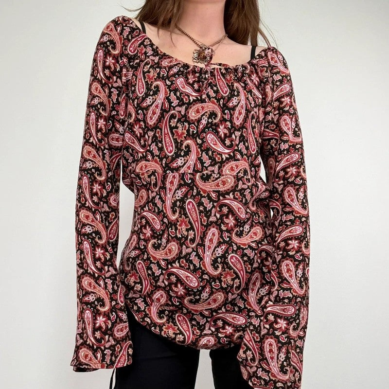 paisley flared wide neck blouse