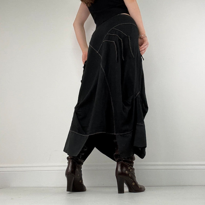 panelled patchwork asymmetric black midi skirt