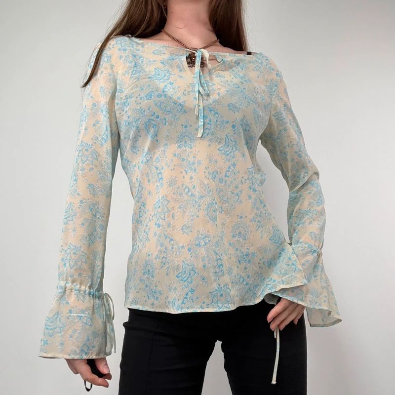 sheer floral flutter ETAM blouse with flare cuffs