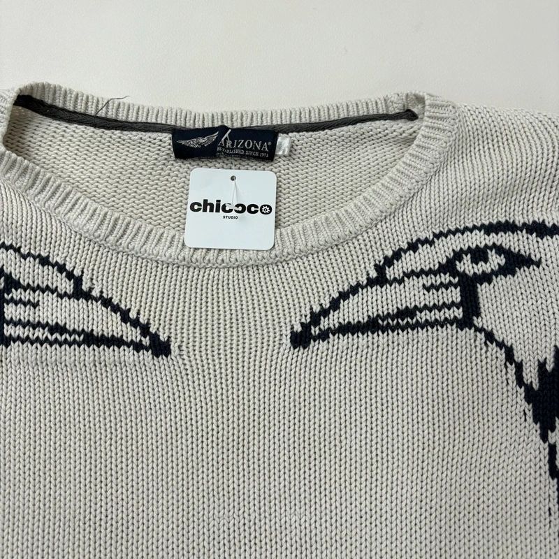 chunky knitted slouchy neck graphic jumper