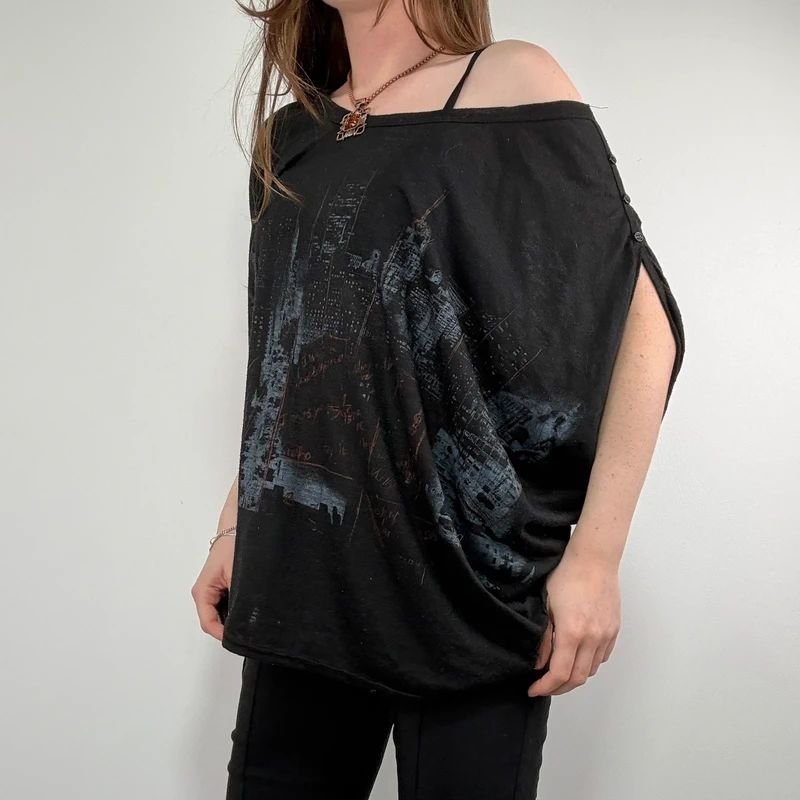 black graphic slouchy off the shoulder t-shirt