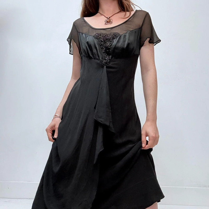 black flutter draped midi silk dress
