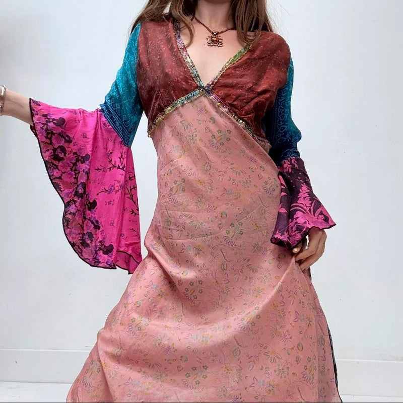 flared silk patchwork printed dress