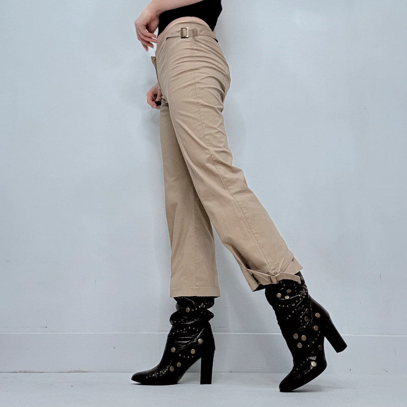 tan flared buckle utility pants