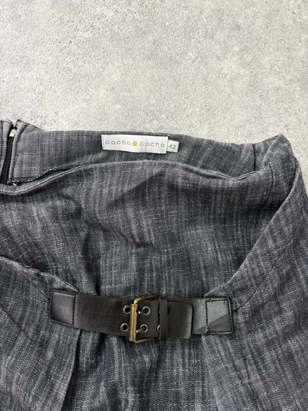 Pleated buckle front denim grunge midi skirt