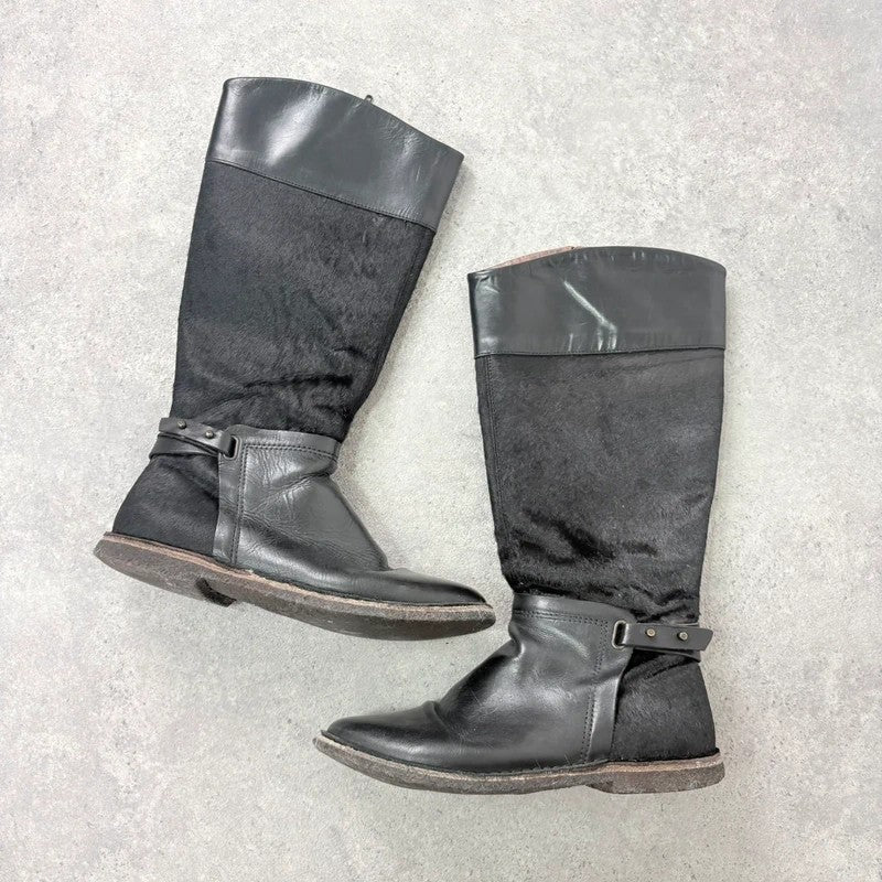 Black leather cowhide pony skin knee high boots