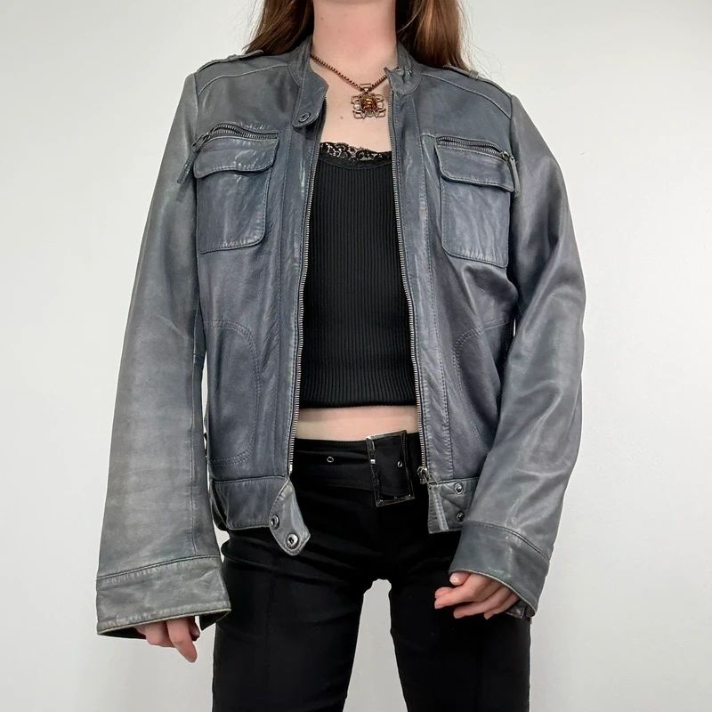 distressed leather boxy biker jacket