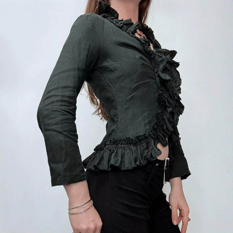 black linen flared ruffle shirt