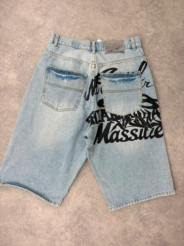 oversized wide leg denim jorts with graphic print