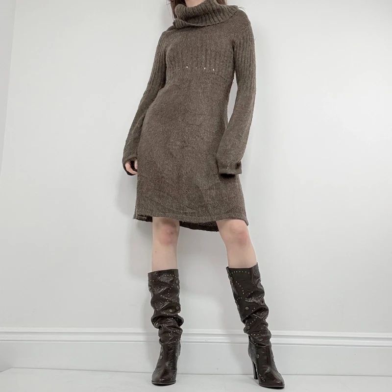 brown mohair knitted slouchy flared midi dress