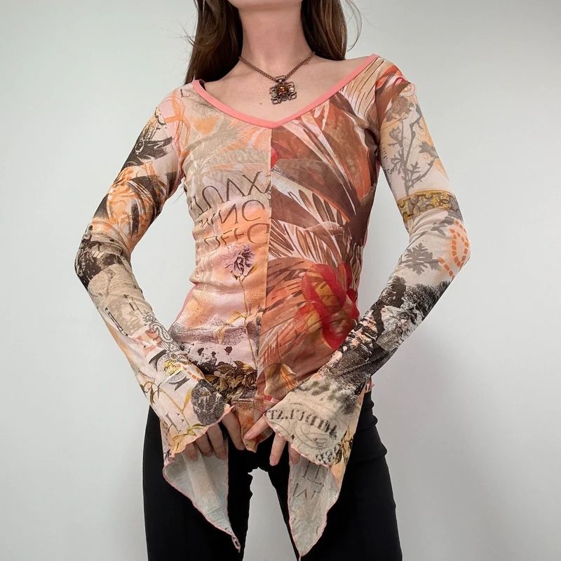 Graphic Mesh Printed Grunge Top