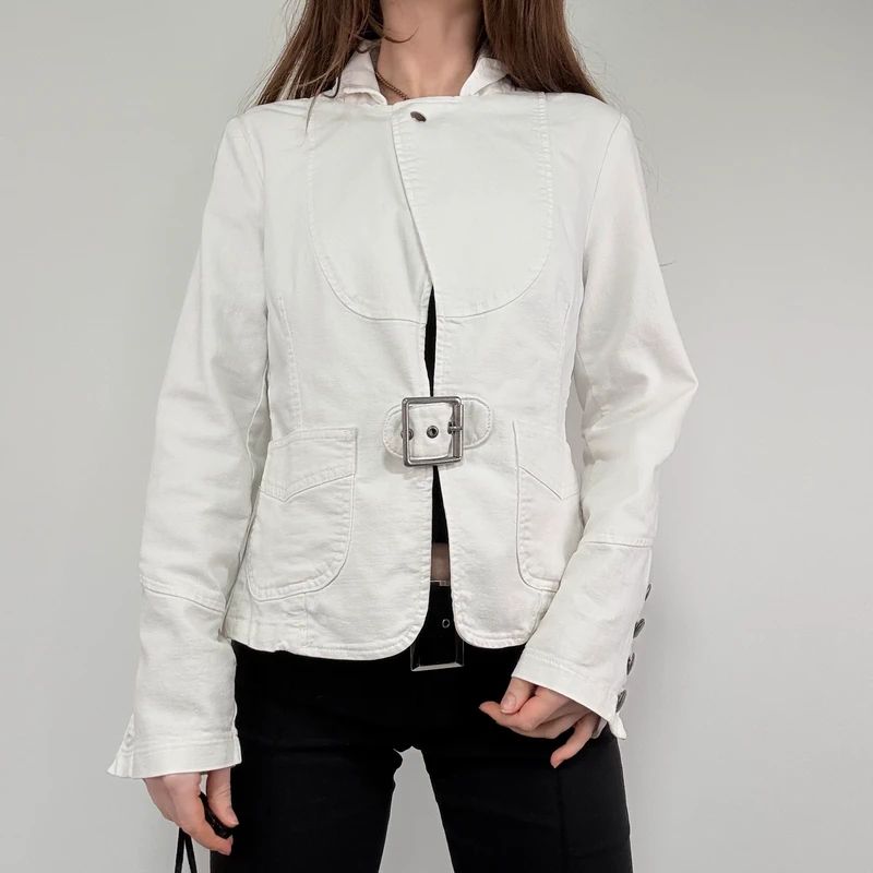 white buckle belted military jacket