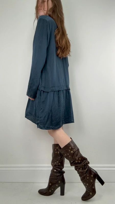 navy silk drop waist long sleeve shirt dress