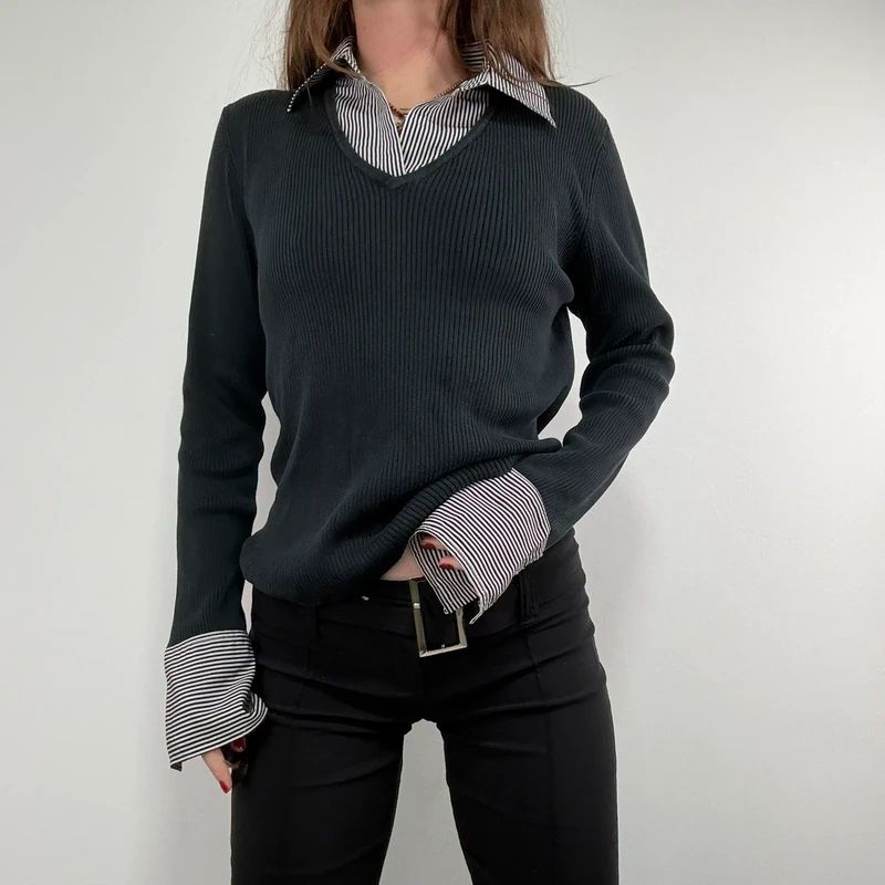 black ribbed knit layered shirt jumper
