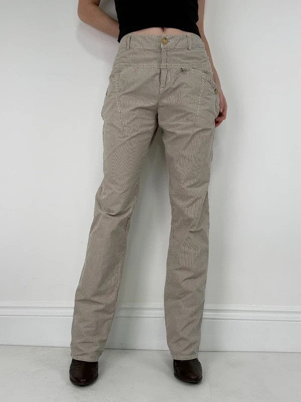 beige pinstripe cargo slim fit cotton trousers