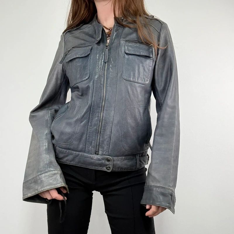 distressed leather boxy biker jacket