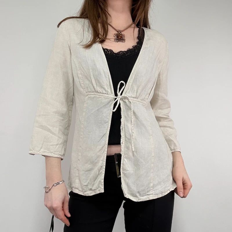 cream linen flared tie up shirt