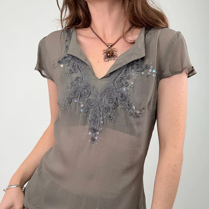 grey sheer beaded flutter shirt
