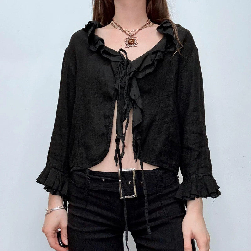 black ruffle linen flared tie up ruffle shirt