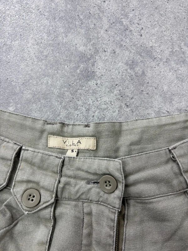 khaki linen cropped pleated capri utility pants