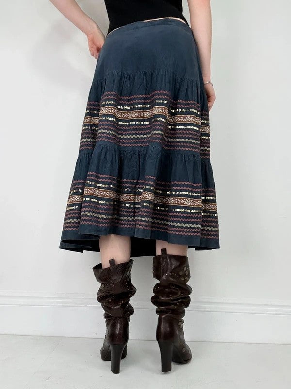 boho cord flared embroidered tiered sequin midi skirt