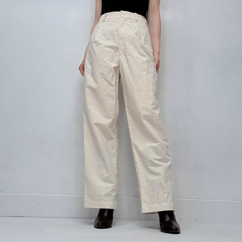 cream linen uniqlo wide leg pleated front trousers
