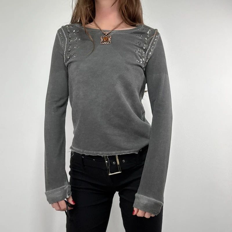 distressed cotton studded cropped sweatshirt